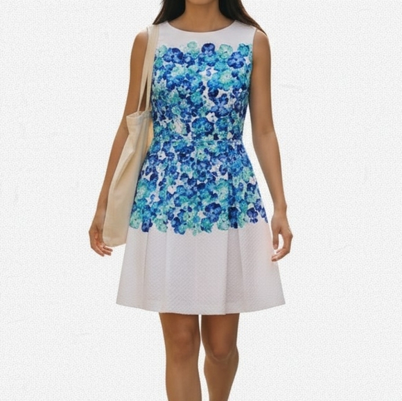 Tahari ASL Dress Size 8P White Blue Floral Sleeveless Box Pleat Pockets Textured - Picture 10 of 10